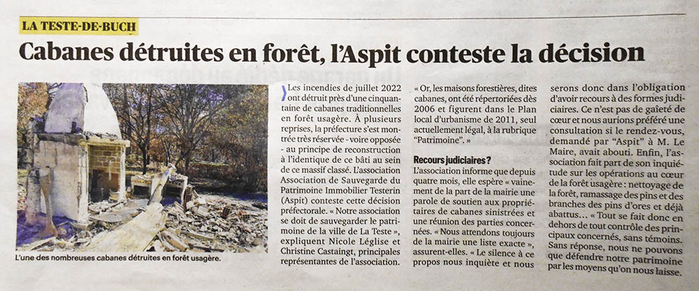 Cabanes détruites en forêt usagère, l'Aspit conteste la décision